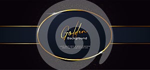 Golden sparkling oval shape with gold glitter effect on dark blue background with ribbon decoration vector illustration. beautiful