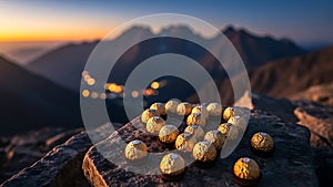 Golden Spheres on Mountain Edge at Sunset