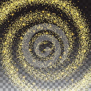 Golden Spiral Spilling Gold Dust. Abstract vector magic glow star light effect.