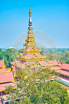 The Golden Spire of the Royal Palace in Mandalay, Myanmar
