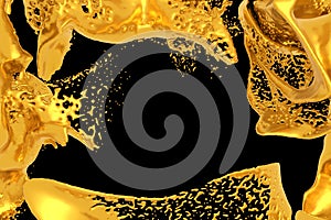 Golden splash on black background. 3d gold paint stock illustration. 3d rendering metal splashes. Copy space