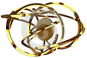 Golden splines and circle in abstract design. 3D Render