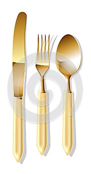 Golden spoon, fork and table knife
