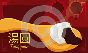 Golden Spoon Holding a Tangyuan Served in the Lantern Festival, Vector Illustration