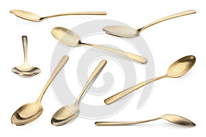 Golden spoon isolated on white, different sides. Kitchen utensil