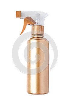 Golden spray bottle isolated on white background. Blank product/object mockup