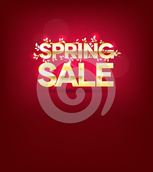 Golden spring sale poster, leafs and light beams