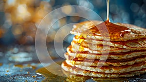 Golden Stack of Pancakes Dripping with Sweet Maple Syrup on a Textured Background