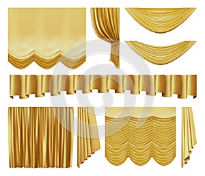 Golden stage curtains. Realistic interior luxury gold velvet curtains, gold royal silk decorative elements vector