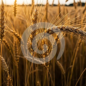 Golden stalks of wheat (Triticum aestivum) stand tall in a sunlit field, each with a photo