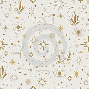 Golden star constellations seamless pattern vector