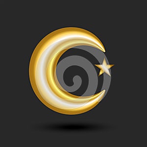 The golden star and crescent 3d clipart with shadows isolated on black background, is a iconographic symbol of Islam photo