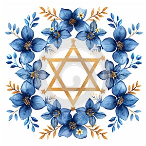 Golden star of David with blue leaves and flowers isolated on white background. Jewish symbol