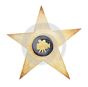 Golden star emblem with black circle and classic film camera silhouette inside as motion pictures representing.