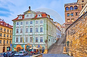 Golden Star House, Nepomuk statue and Radnicke Stairs from Ke Hradu Street, Prague, Czech Republic photo