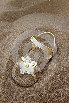 Golden star sandal buried in summer beach sand