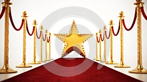 Golden star standing on the red carpet with velvet ropes and stanchions. 3D illustration