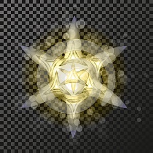 Golden star symbol on the dark background - glitter snowflake, transparency stellar flare. Shining reflection.