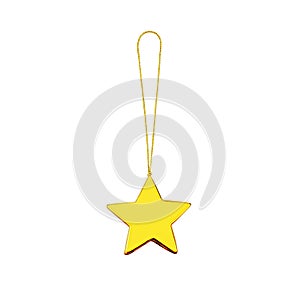 Golden star white background isolated closeup, Ð¡hristmas tree decoration, shiny gold metal star shape bauble, new year toy