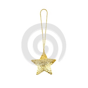 Golden star white background isolated closeup, Ð¡hristmas tree decoration, shiny gold star shape bauble, new year toy