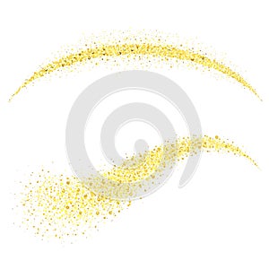 Golden stardust, Gold Glitter Wave. Glossy spray. Yellow meteor tail. Vector