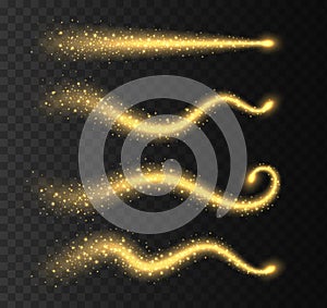 Golden stardust trails collection isolated on transparent background. Magic swirls with sparkles, yellow shiny stars.