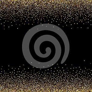 golden stars, glittering confetti. Scattered small sparkling, shiny balls, circles. Random stellar drop on a black background.