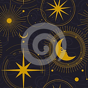 Golden stars, planets, moon on dark background