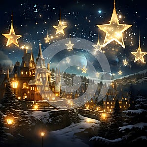 Golden stars in the sky, in the background castles of houses, snowy pine trees. The Christmas star as a symbol of the birth of the