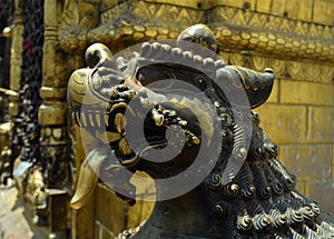 Golden Statue of beast lion in Swayambhu Stupa