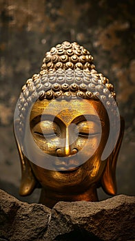 golden statue of buddha face located on stone