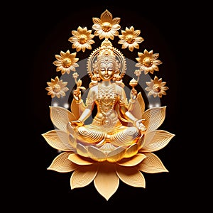 golden statue of Goddess Lakshmi seated on a lotus against a dark background