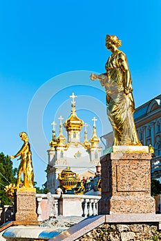 Golden statue at Grand cascade fountains in Petergof, St. Petersburg, Russia