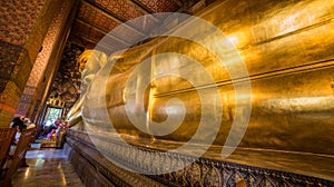 Golden Statue of the Reclining Buddha at Wat Pho Buddhist Temple Complex in Bangkok, Thailand