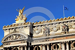 Grand Opera Paris Garnier golden statue on the rooftop and facade front view france
