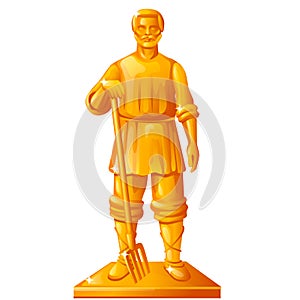 Golden statue in the shape of a peasant with a garden pitchfork isolated on white background. Vector cartoon close-up