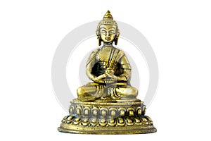 Golden statue of small buddha praying and meditating on white background