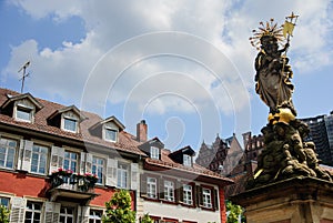 The golden statue of St. Mary in the old town of Heidelberg, Germany