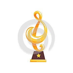 Golden statue of treble clef on brown base. Music award trophy in cartoon flat design. Musical note