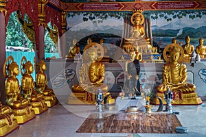 Golden statues in Main Prayer Hall of Wang Saen Suk monastery, Bang Saen, Thailand
