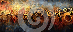 Golden Steampunk Gears on Rusty Mechanical Background Texture, Pattern, and Design Elements