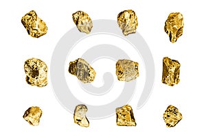 Golden stones set on white background isolated close up, gold nuggets collection, yellow metal rocks samples texture, gold mine