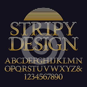 Golden striped capital letters and numbers. Decorative vintage font. Isolated english alphabet with text Stripy Design