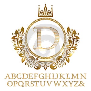 Golden striped letters with initial monogram in coat of arms form. Shining font and elements kit for logo design