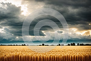 a golden stubble wheat field under grey sky.