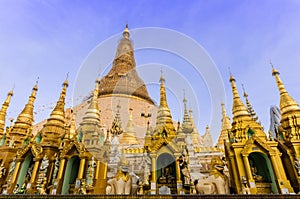 Golden stupa of Shwedagon Pagoda at twilight.