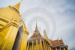 Golden Stupa of Temple of the Emerald Buddha.  Wat Phra Si Rattana Satsadaram.  Wat Phra Kaew. landmark of Bangkok Thailand with