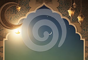 Golden stylizing Mihrab and with shiny crescent moon. Copy space. Greeting card concept of Ramadan Kareem Mubarak and
