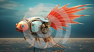 golden submersion, steampunk robotic fish in crystal clear water