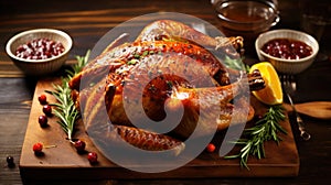 A golden, succulent roasted turkey on a wooden table, the centrepiece of a delicious and festive Thanksgiving dinner celebration